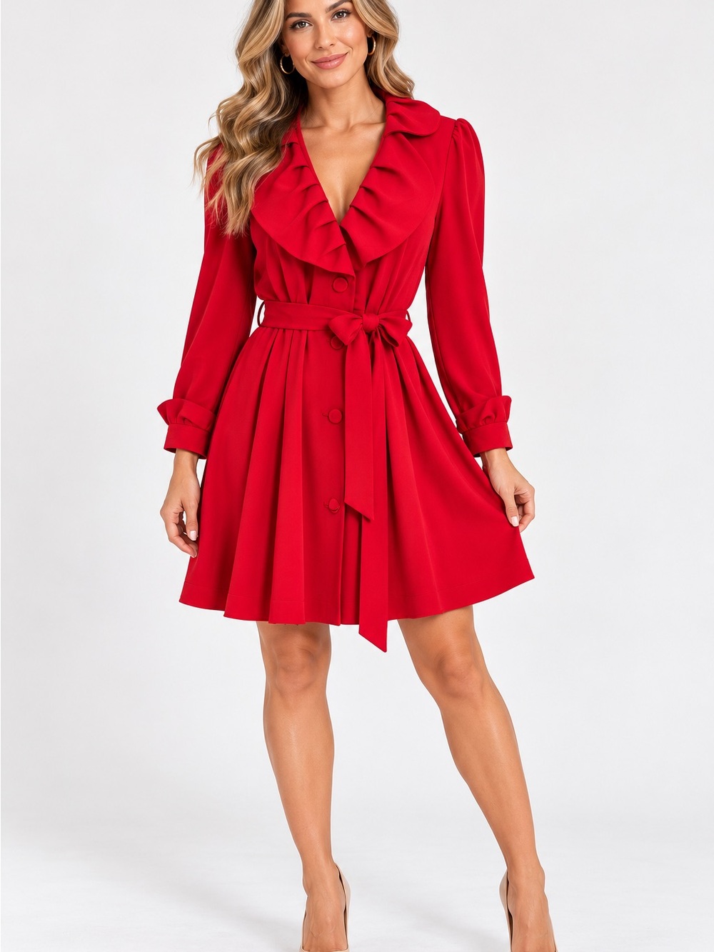 Fever Red Ruffle-Trim Tie-Waist Midi Dress